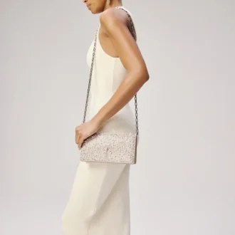 Bettina – Pochette – Pelle scamosciata, strass e perle – Argento