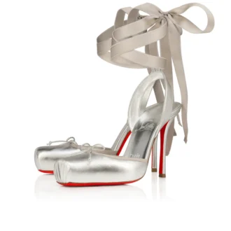 Cassia Lace up – Décolleté con cinturini da 100 mm – Pelle di agnello nappa laminata – Argento – Donna