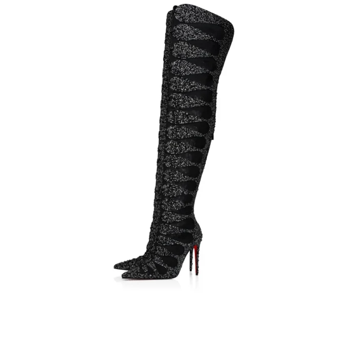 Circus Max Perla Botta Alta – Stivali alti fino alla coscia da 100 mm – Pelle scamosciata, rete e strass – Nero – Donna Christian Louboutin Stati Uniti