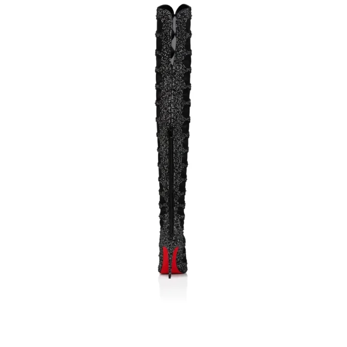 Circus Max Perla Botta Alta – Stivali alti fino alla coscia da 100 mm – Pelle scamosciata, rete e strass – Nero – Donna Christian Louboutin Stati Uniti