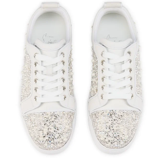 Louiseperla – Sneakers – Raso crepe, pelle di vitello, strass e perle – Bianco – Donna