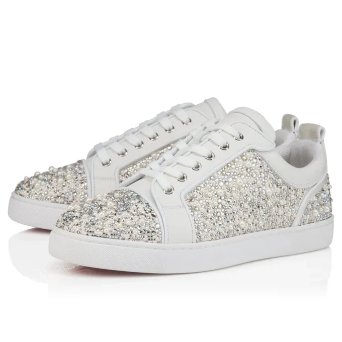 Louperla Jr – Sneakers – Raso crepe, pelle di vitello, strass e perle – Bianco – Uomo Louperla Jr – Sneakers – Raso crepe, pelle di vitello, strass e perle – Bianco – Uomo