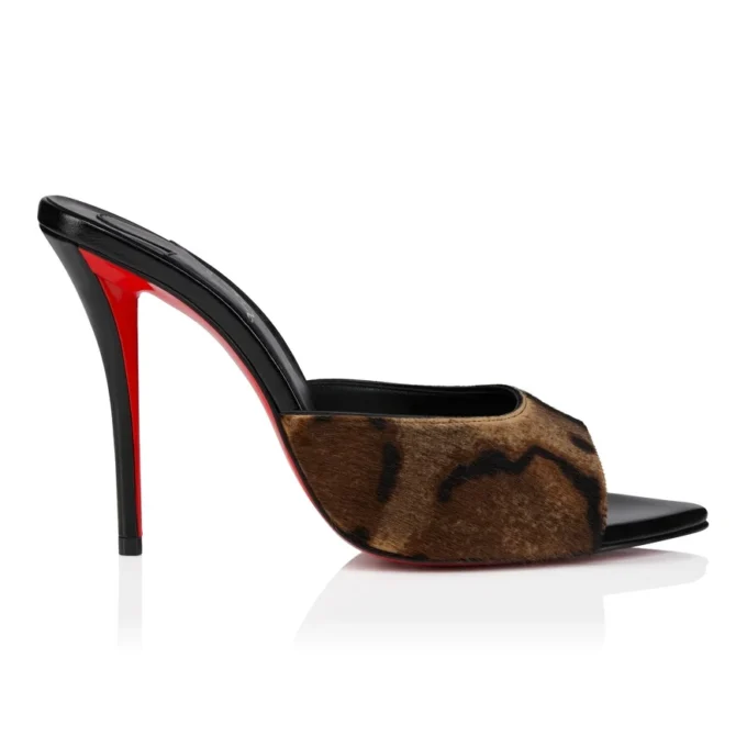 Miss Z Mule – Mules da 100 mm – Pelle di vitello pelosa stampata “Bengali”, pelle di capretto e pelle lucida – Marrone – Donna