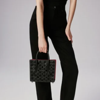 Paloma Mini – Borsa con manico superiore – Pelle di vitello martellata e borchie Loubinthesky – Nero